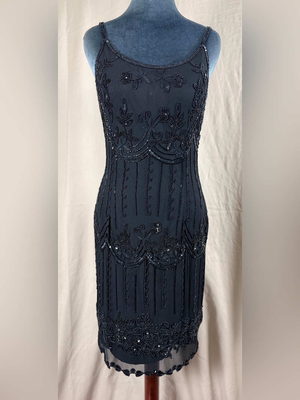 VTG Papell Boutique Silk Dress Black Beaded Midi Zip Up Sleeveless 20’s revival